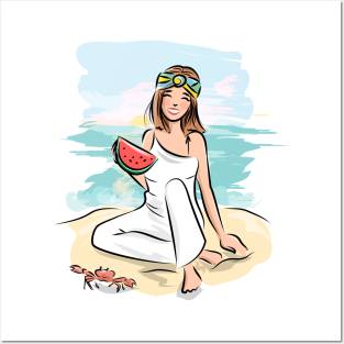 Girl on beach with water melon Posters and Art